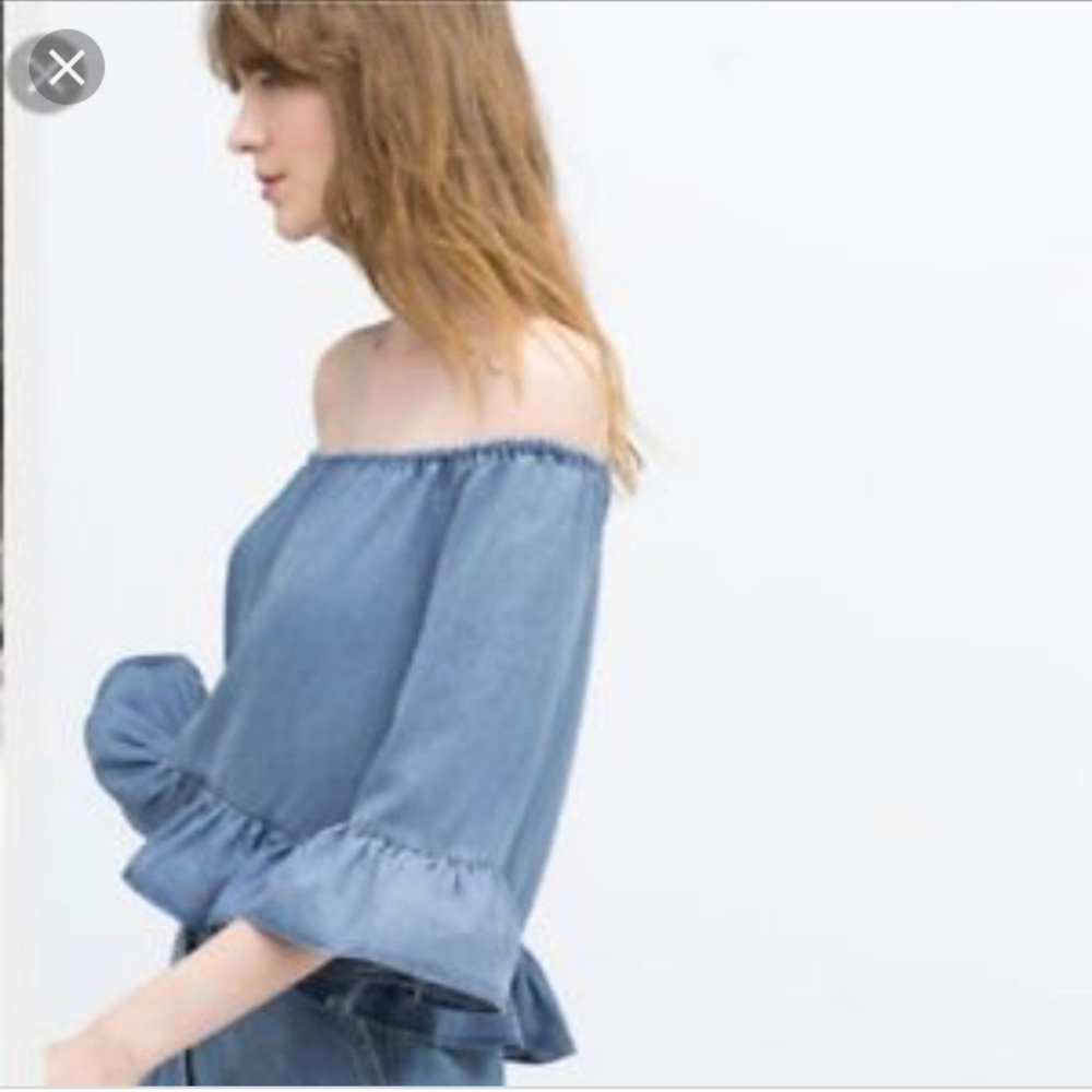 Zara denim peplum off the shoulder top